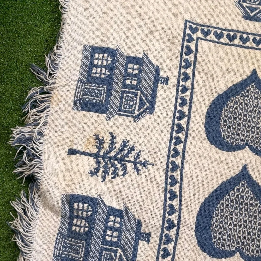 Vintage 90s Farmhouse Cottagecore Fringe Heavy Throw Blanket Country Blue